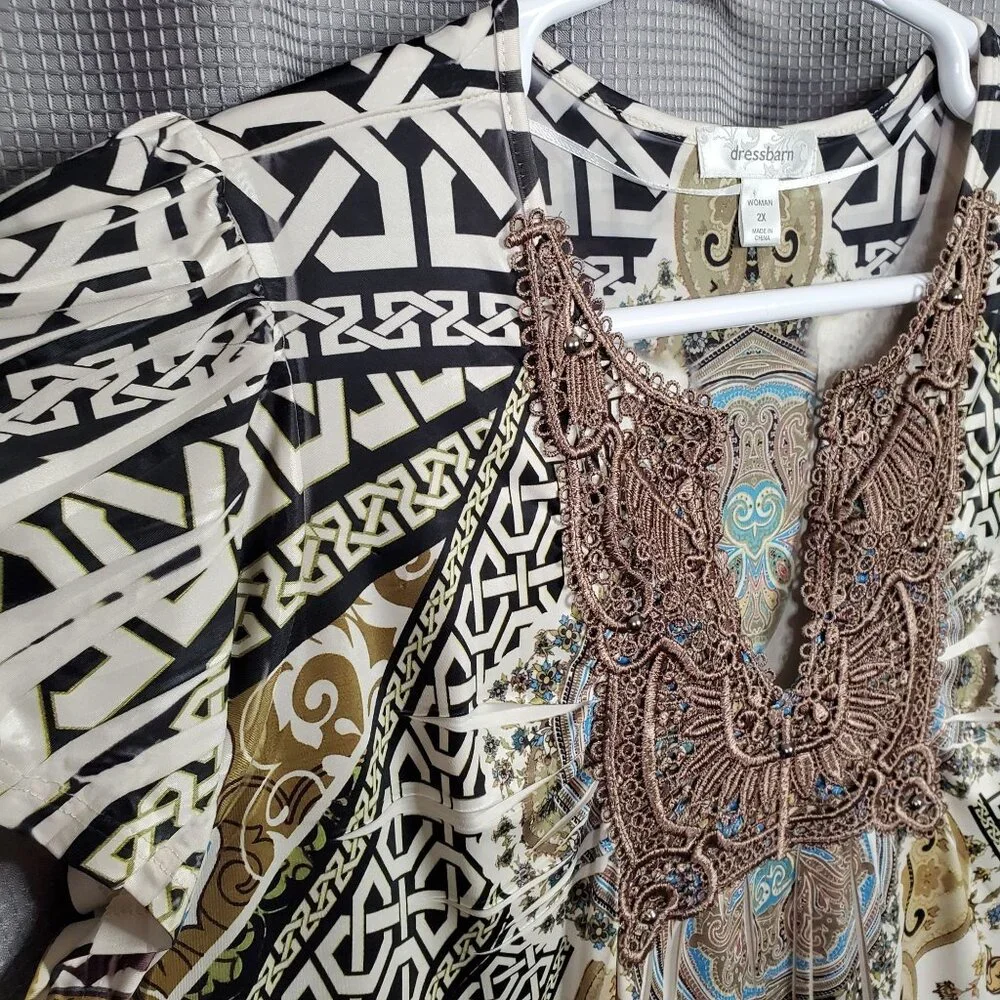 Dressbarn Womens 2X Boho Paisley Print Top With Beaded Neckline - Picture 7 of 10